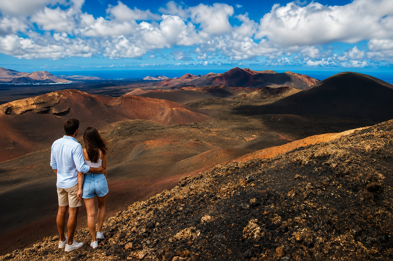 Volcanic landscape of Timanfaya in Lanzarote with hikers looking at the craters