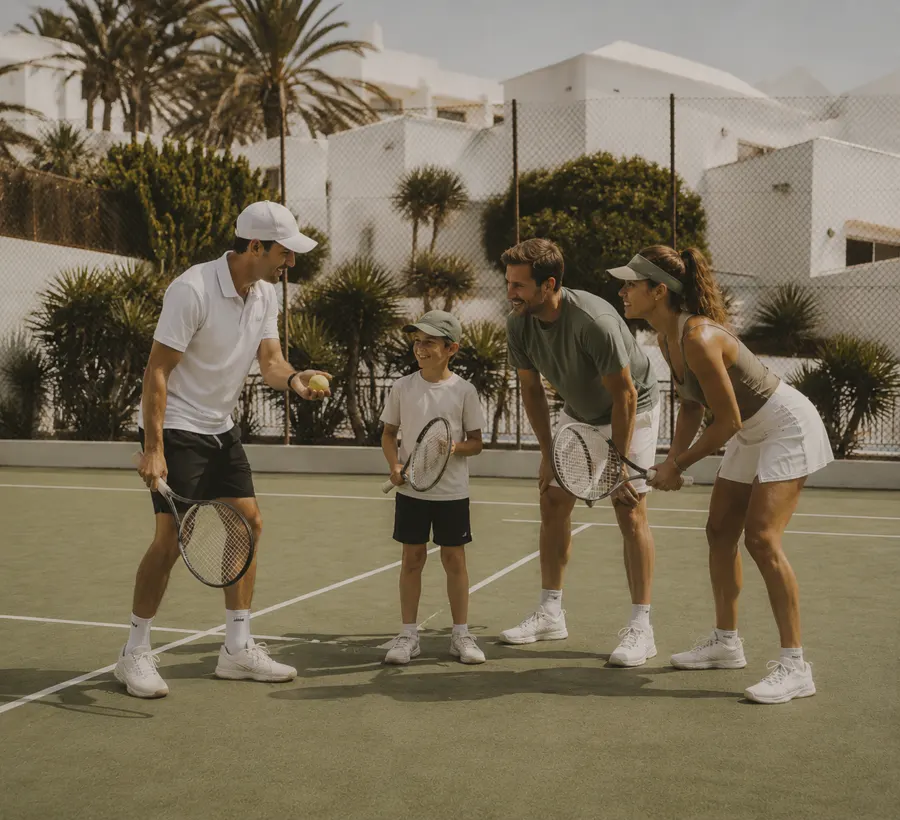 Familie spielt Tennis mit einem Trainer auf einem Platz auf Lanzarote