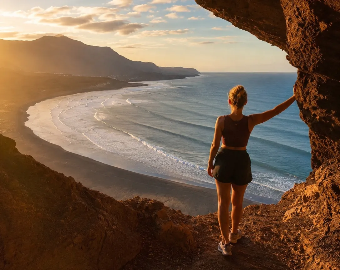 Hiker contemplating Famara beach at sunset in Lanzarote