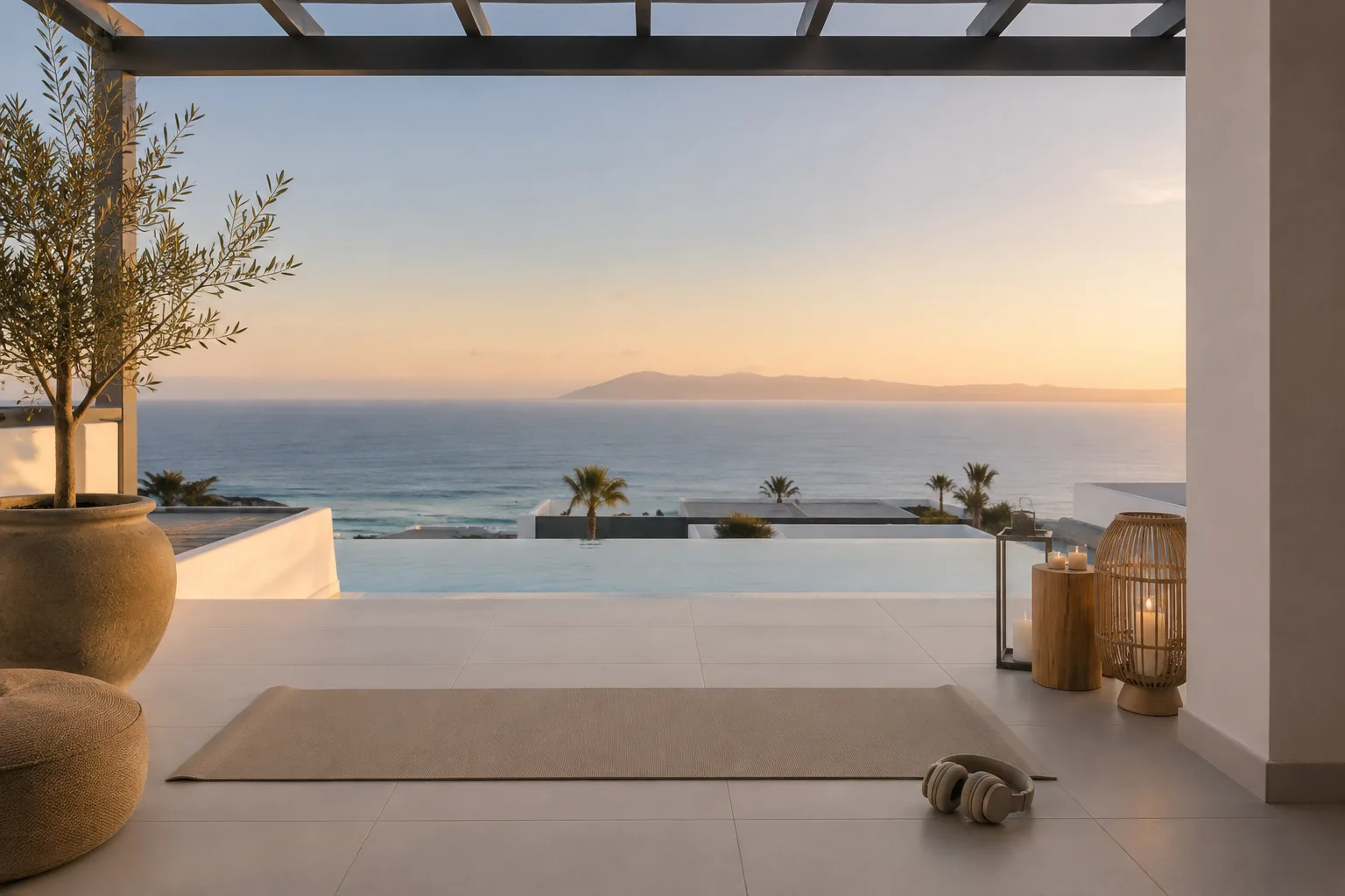 Esterilla de yoga en una terraza frente al mar al atardecer en Puerto del Carmen, Lanzarote