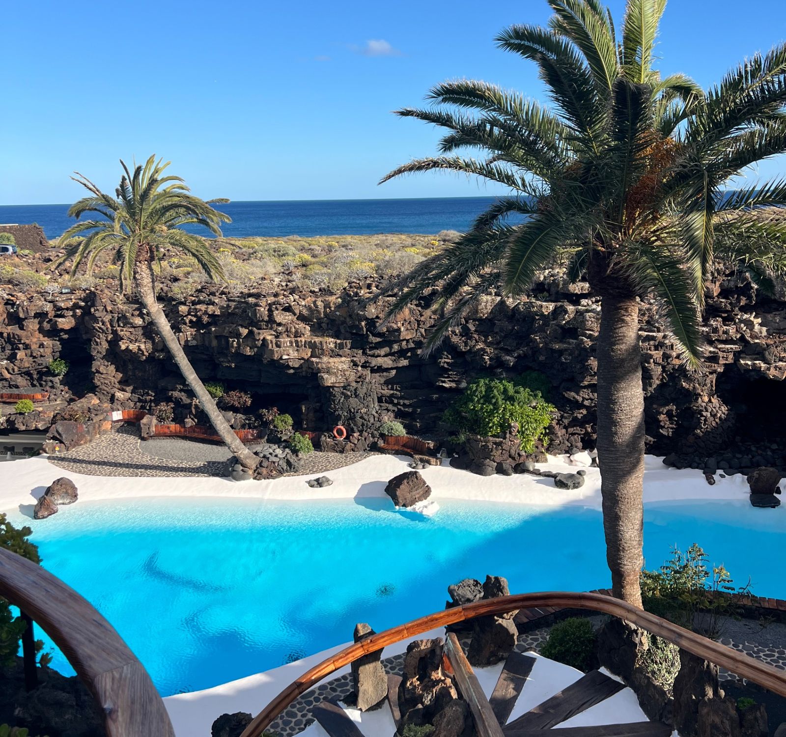 Turquoise pool at Jameos del Agua surrounded by palm trees and volcanic rock, with views over the Atlantic